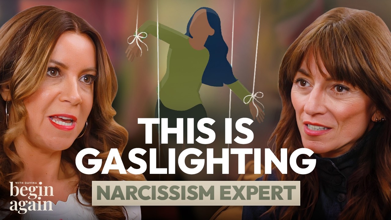 Thumbnail from Begin Again with Davina McCall: Davina and a guest face each other mid-conversation either side of an illustrated marionette, under the words &ldquo;This is gaslighting&rdquo;.