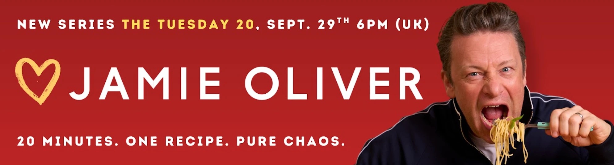 Jamie Oliver’s YouTube channel banner, announcing a new series called The Tuesday 20 starting 29 September at 6pm UK, with the line 20 minutes. One recipe. Pure chaos.
