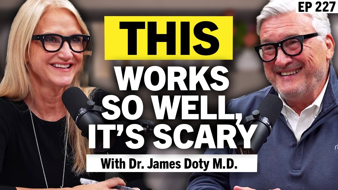 Mel Robbins' best-performing long-form thumbnail: two people at microphones, with the words THIS WORKS SO WELL IT'S SCARY and, underneath, With Dr. James Doty M.D.